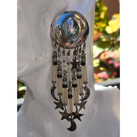 Vintage Tabra Sterling Silver Grey Pearl Celestial Statement Dangle Earrings 4" - Picture 2 of 10